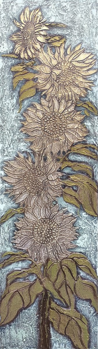 Organic Botanical Acrylic Painting By Hasmik Mamikonyan, 8 X 28, Tower Of Sunflowers, Original Artwork