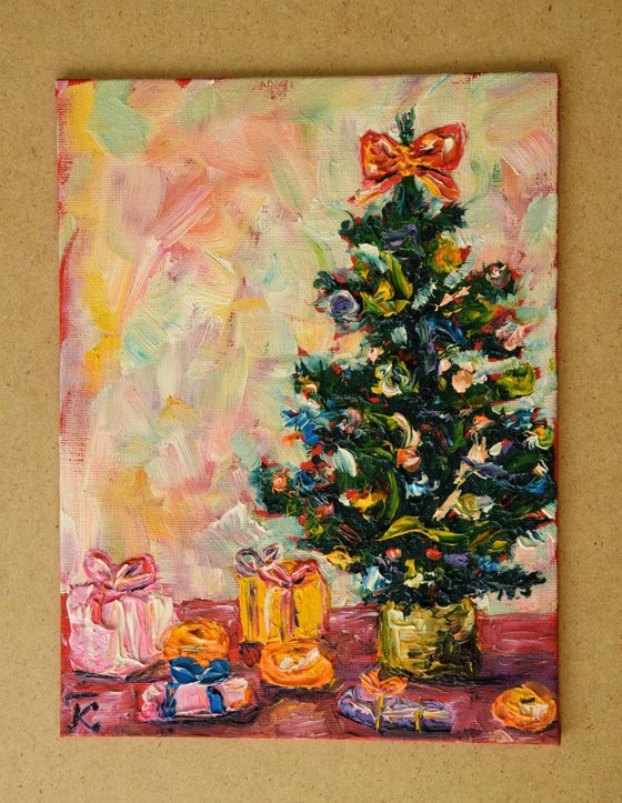 Christmas tree original oil painting on canvas, holiday decor, housewarming gift