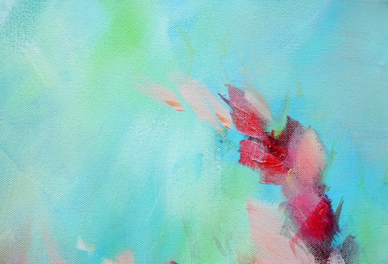 3D Textured Painting Large Flowers Teal Abstract Painting Coral White Green Red Floral Landscape. Tropical Botanical Garden Painting on Canvas. Modern Impressionism