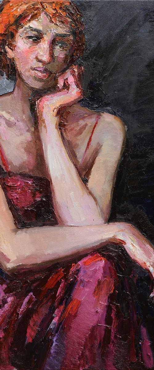Lady in Red - Woman portrait painting by Anastasiia Valiulina
