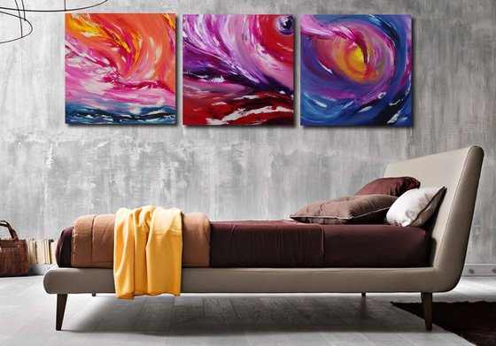 Fairy tale, Full Series  - Triptych n° 3 Paintings, Deep edges, Original abstract, oil on canvas