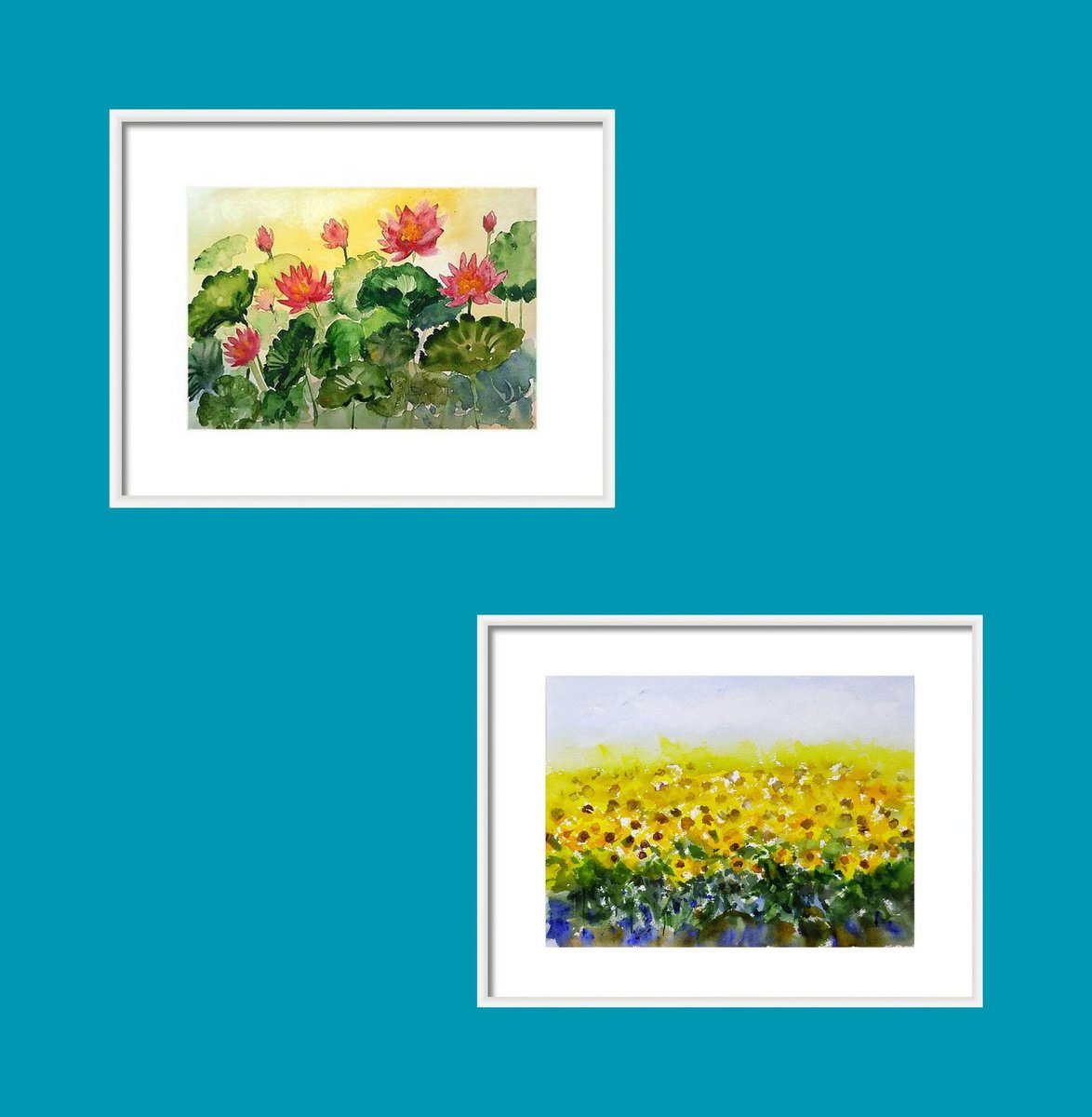 Impressionistic Botanical Watercolour By Asha Shenoy, 12 X 8, Set Of Water Lilies And Sunflower Fields, Original Artwork