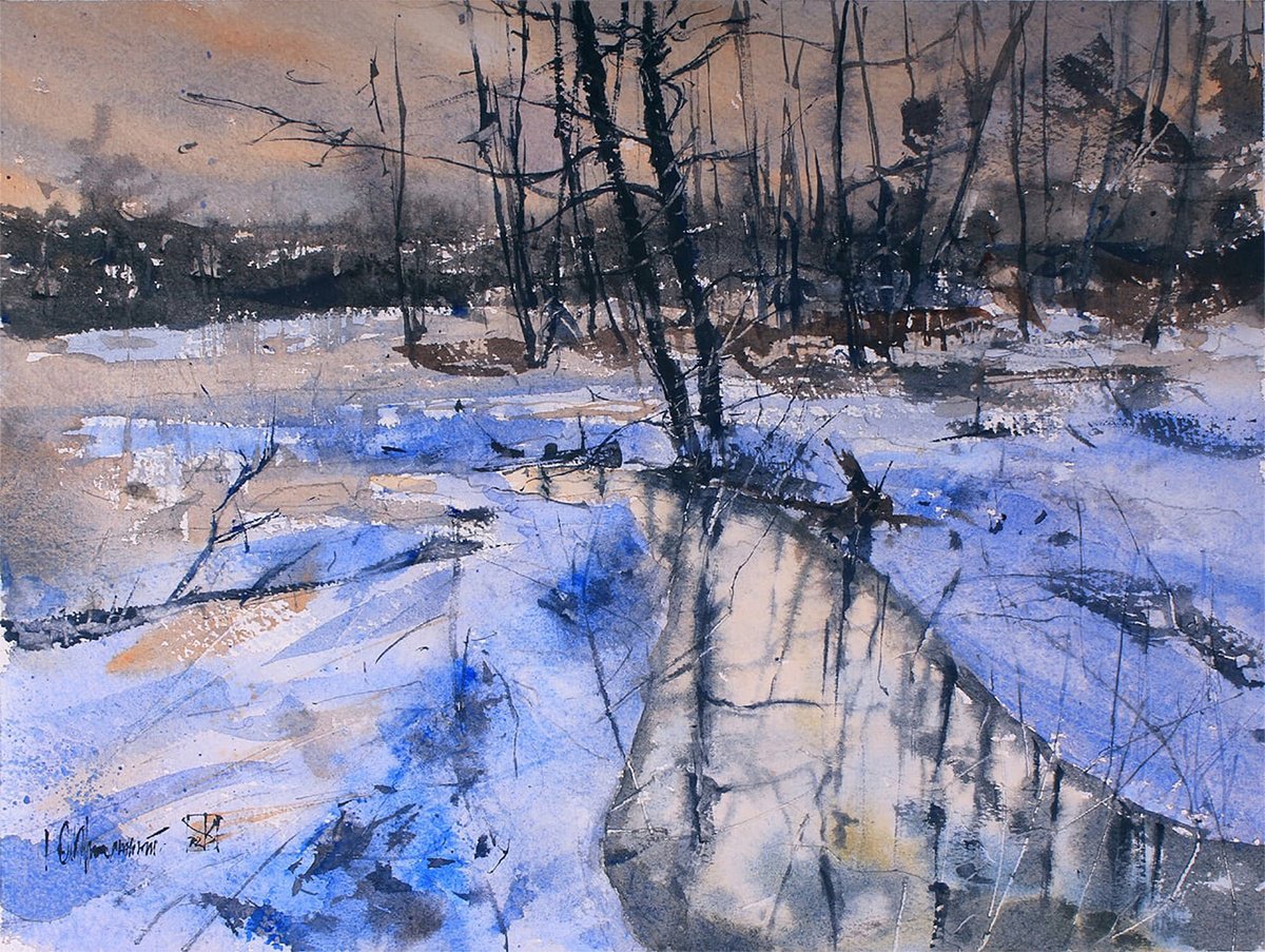 Impressionistic Landscape Watercolour By Yurii Prysiazhnyi, 15 X 11", Melted Water, Original Artwork