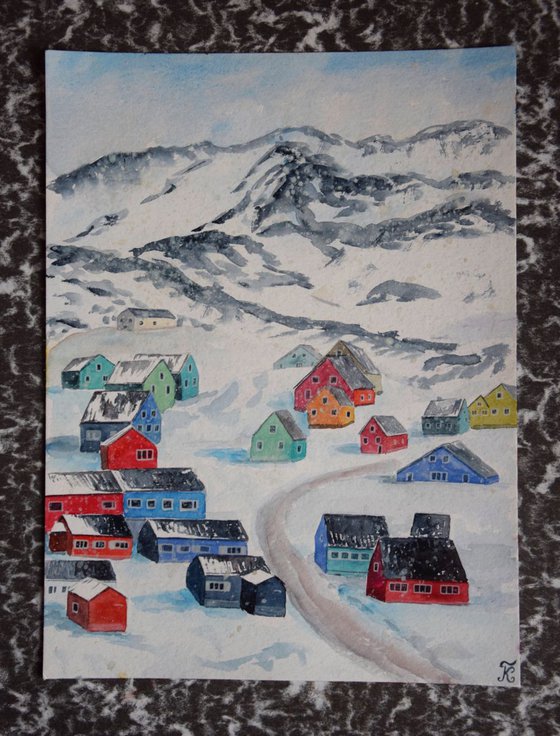 Greenland watercolor painting Winter mountains, snowy colorful houses