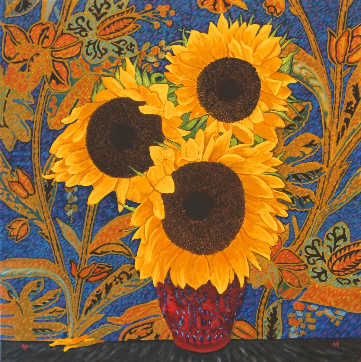 Botanical Oil Painting By Richard Gibson, 22 X 22", Large Three Sunflowers, Original Artwork