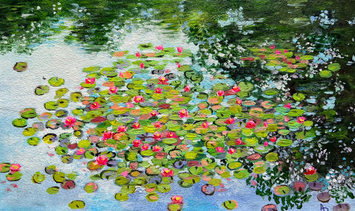 Impressionistic Landscape Acrylic Painting By Amita Dand, 13 X 8, Water Lilies Paradise!, Original Artwork