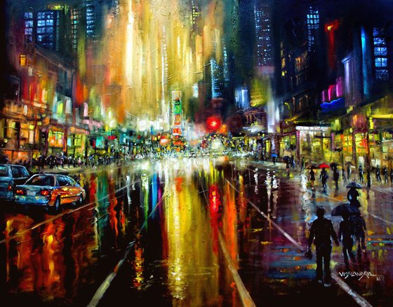 New York City lights in rain, 48x36 inches