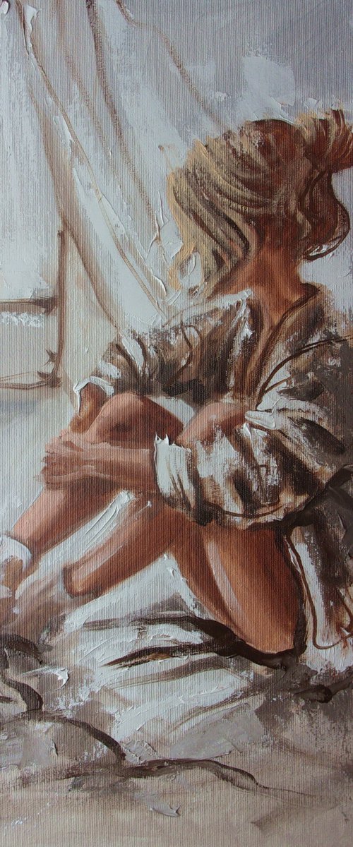" IN BED ...  "  original painting window  palette knife GIFT brown by Monika Luniak