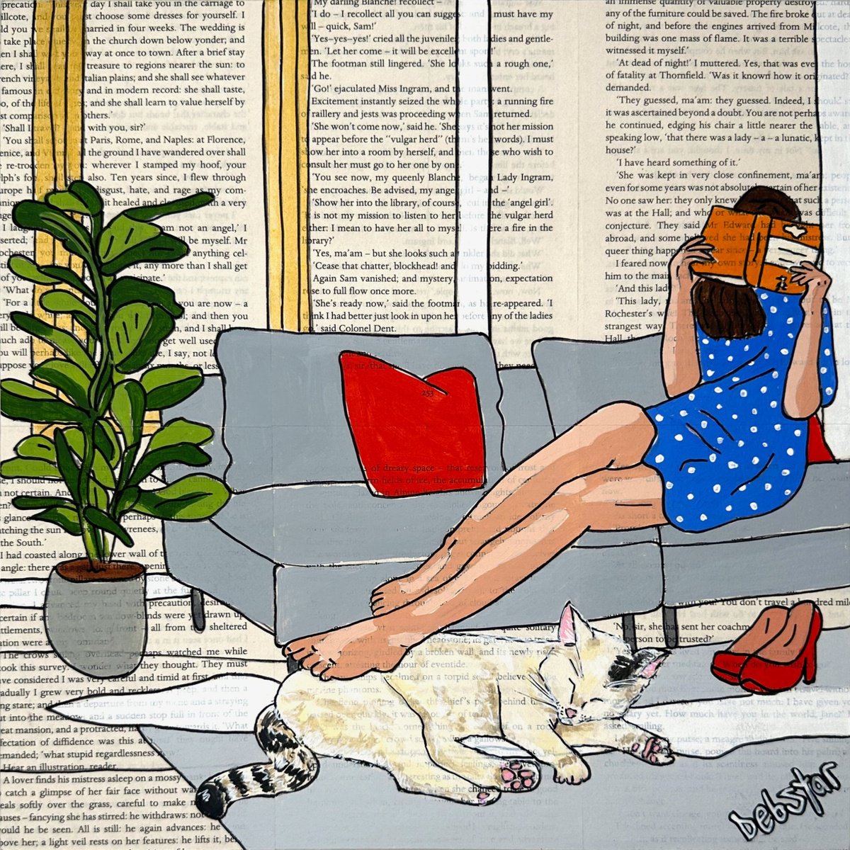 Illustrative Acrylic Painting , Cat Capers Light Reading 30Cm X 30Cm By Deborah Lang, 12 X 12, Artwork For Sale On Artfinder
