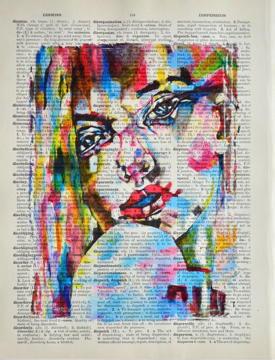 Neon Face - Collage Art on Large Real English Dictionary Vintage Book Page