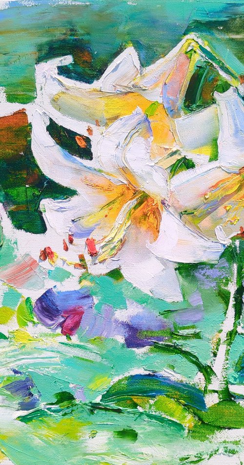 White lilies . Morning sun . Floral sketch by Helen Shukina