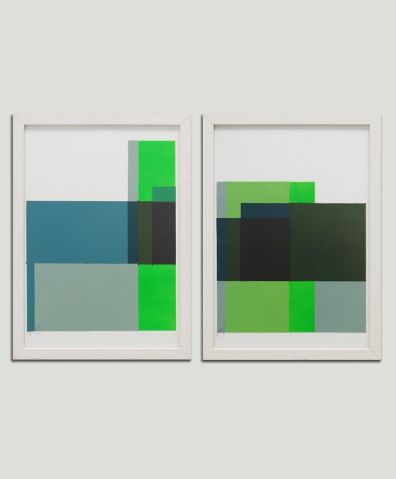 Diptych - Art on Paper - Incl Frame - Cubistic Modern Green - 27A