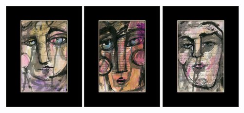 Funky Face Collection 11 - 3 Mixed Media Collage Paintings by Kathy Morton Stanion by Kathy Morton Stanion