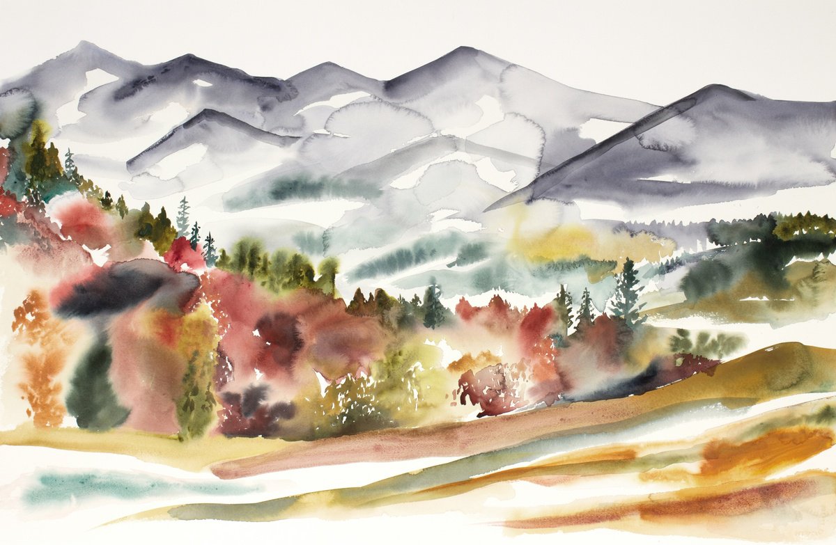 Expressive Landscape Watercolour By Elizabeth Becker, 40 X 26, Autumnal No. 9, Original Artwork