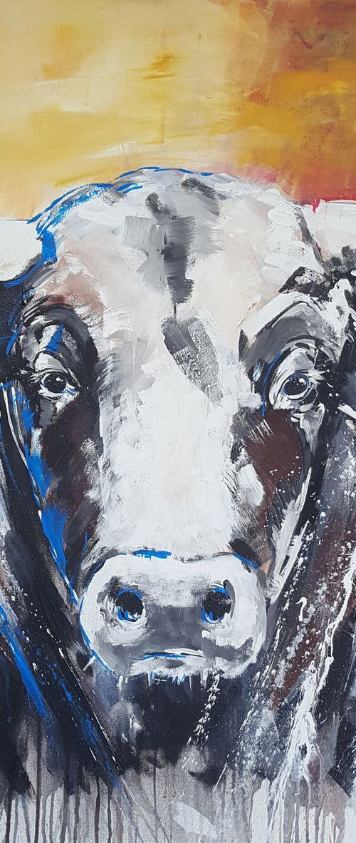 TAURUS #3 – Close up portrait of a bull **large Painting 100 x 100 cm by Stefanie Rogge