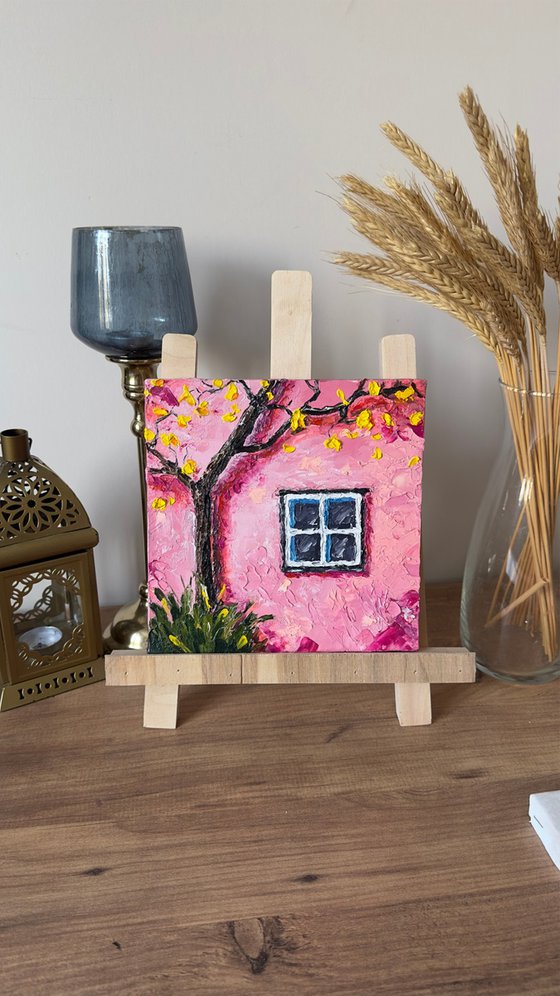 Pink Wall and Blossoming Tree