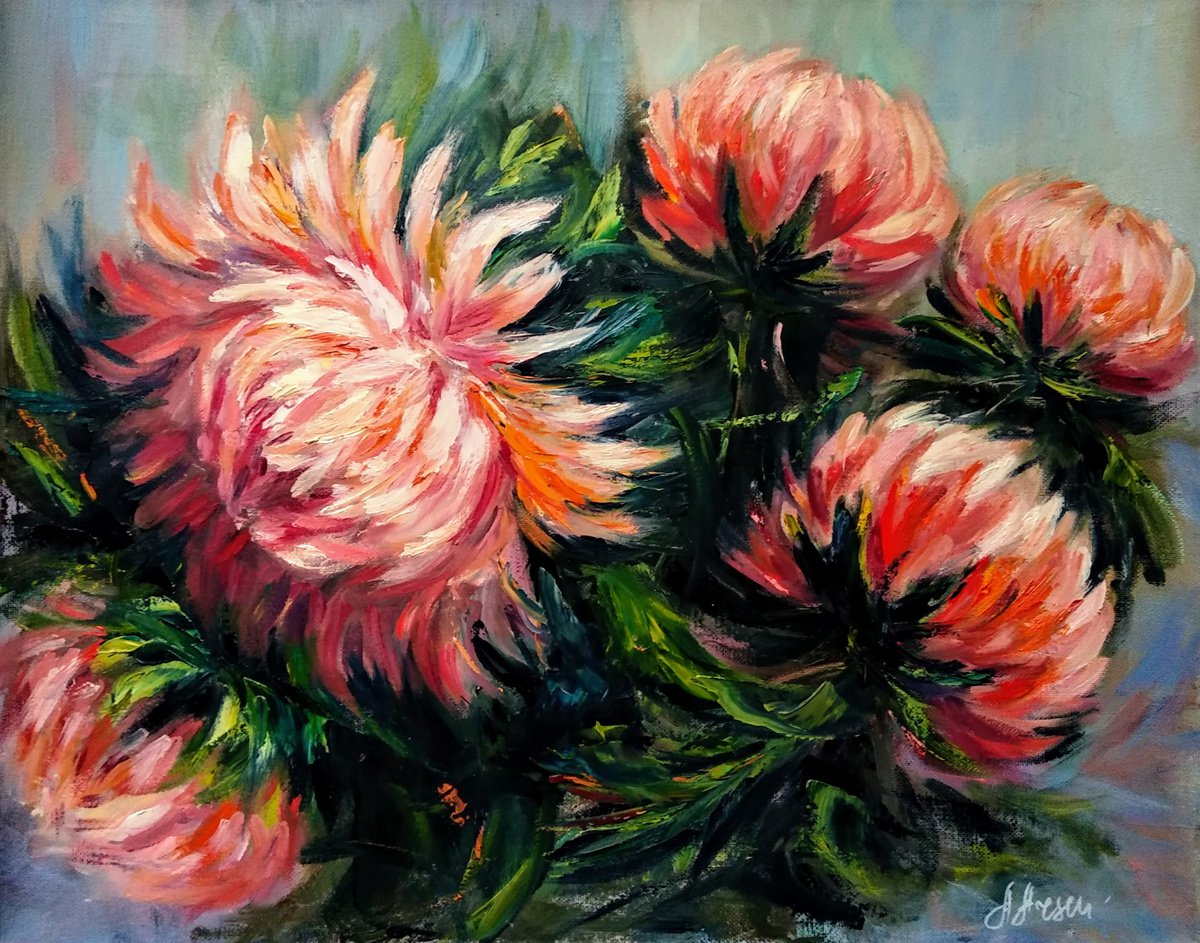 Garden Flowers Bouquet of Asters Floral Decor Gift for woman Textured Painting by Anastasia Art Line