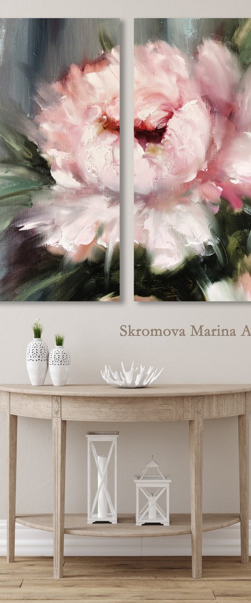 ROYAL PEONY 2 SET - Set of 2 abstract peonies. Gentle. Airy. Marshmallow. Macro diptych flower. Stunning. Flower module. by Marina Skromova
