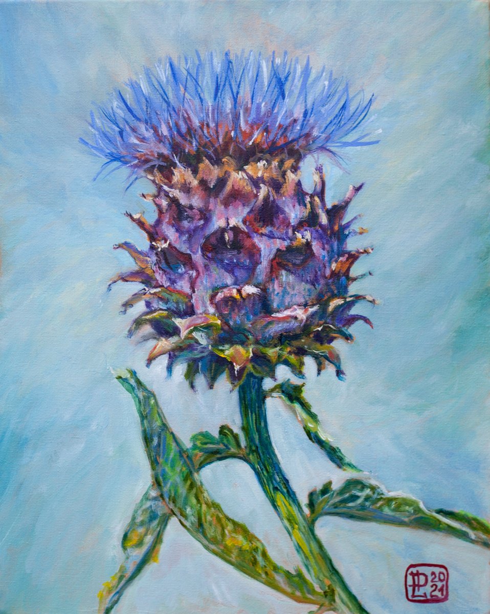 Expressive Botanical Oil Painting By Liudmila Pisliakova, 12 X 14", Thistle, Original Artwork
