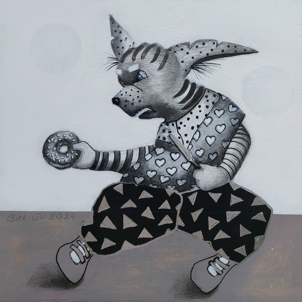 Illustrative Animal Painting By Gitti Gv, 12 X 12, Doughnut For Lunch, Original Artwork