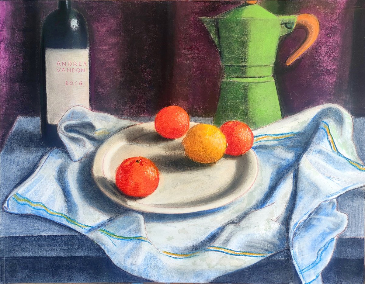 Impressionistic Still Life Pastel Drawing By Andrea Vandoni, 27 X 21, Italian Table, Original Artwork