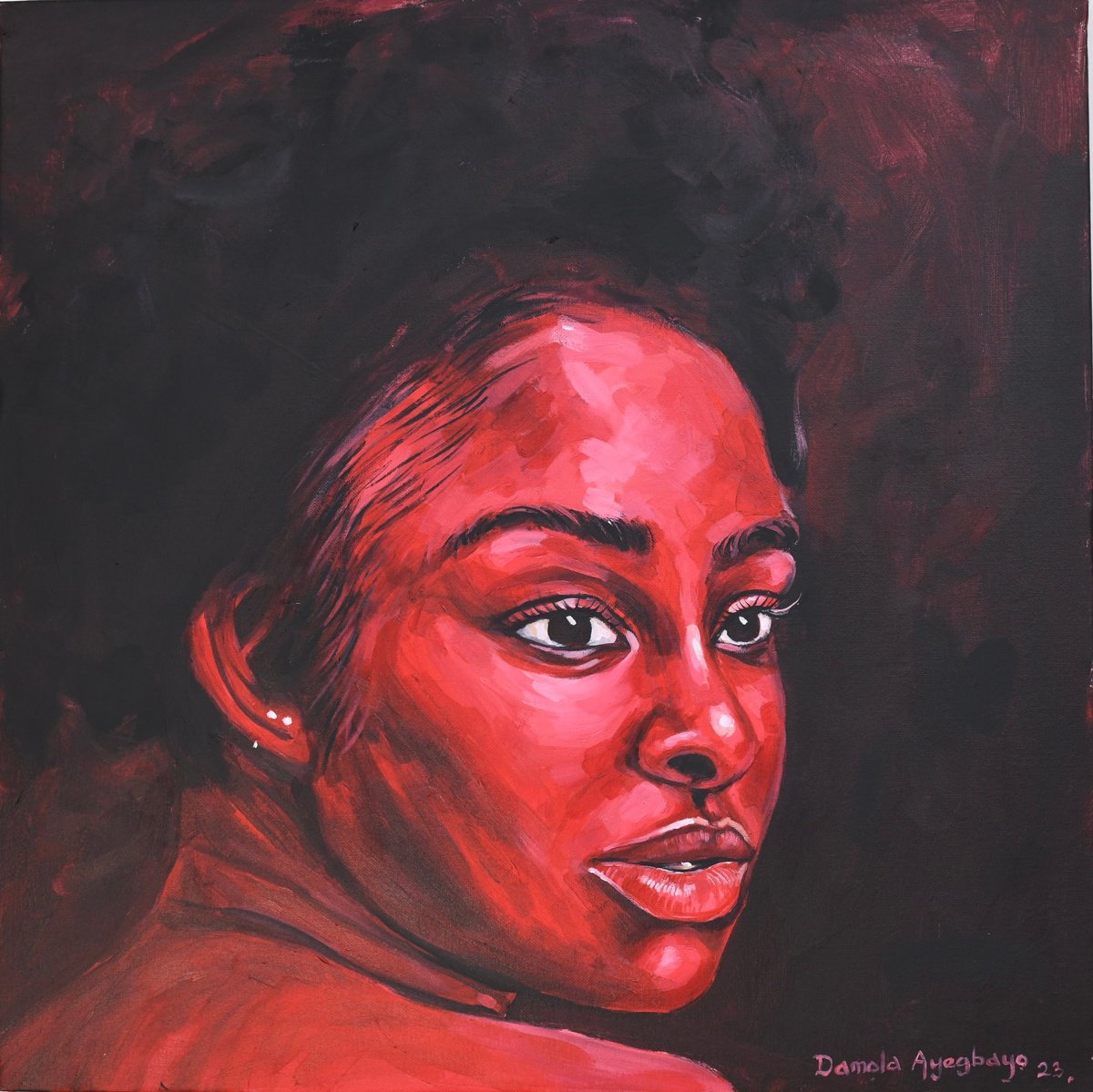 Expressive Portrait Acrylic Painting By Damola Ayegbayo, 24 X 24, The Other Side 7, Original Artwork