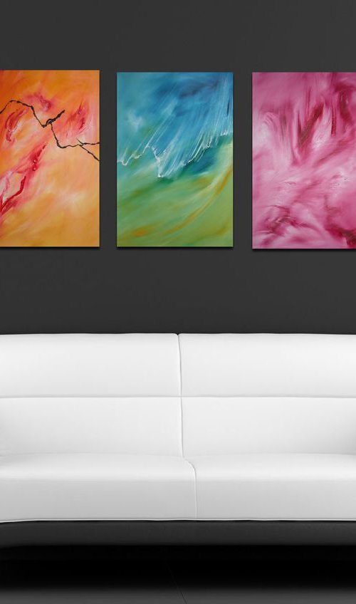 Dolce onda di fuoco, Triptych n° 3 Paintings, Original abstract, oil on canvas by Davide De Palma