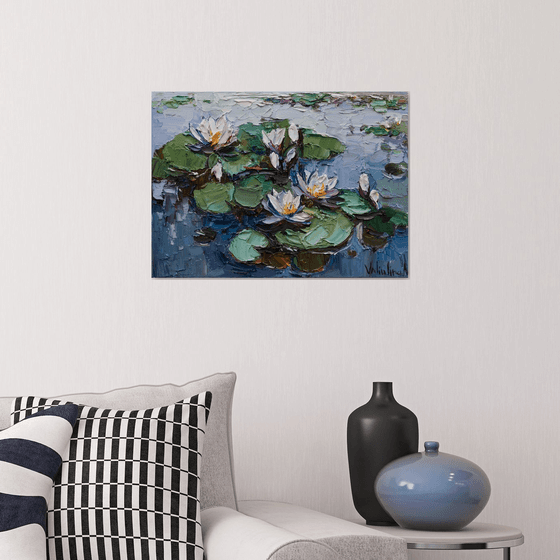 White water Lilies - Original impasto Oil painting