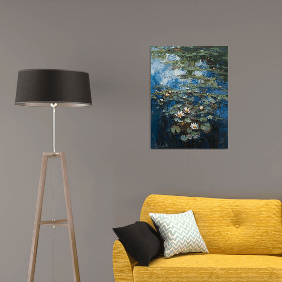 Water Lilies -Pond flowers  Impasto Original Oil painting