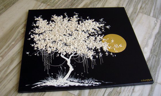 35.5” Blooming White Tree / Large Mixed Media Painting