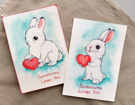 Set of 2 cards for Valentine's day - Some Bunny Loves You! -  Valentine’s Day - Cute Bunny Valentine's Day Card