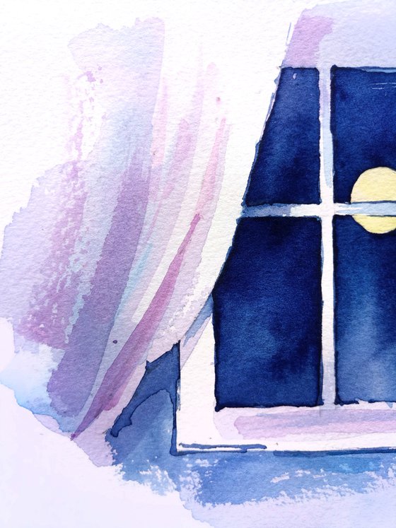 Night landscape "Full moon outside the window" original watercolor painting postcard