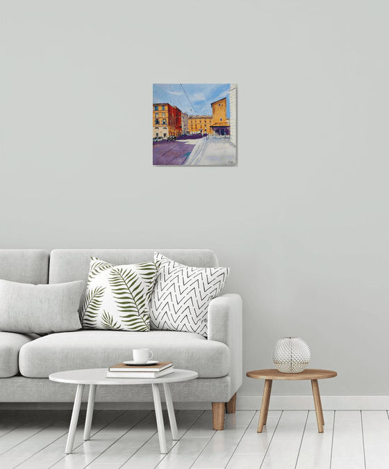 Rome street. Light and shadow with city view. Medium format watercolor urban landscape italy sea bright architecture old travel