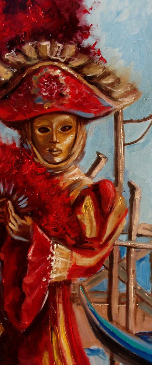 COMMISSION " VENETIAN CARNIVAL ... " - LARGE FORMAT MASKA original oil painting on canvas, gift,  PALETTE KNIFE by Monika Luniak