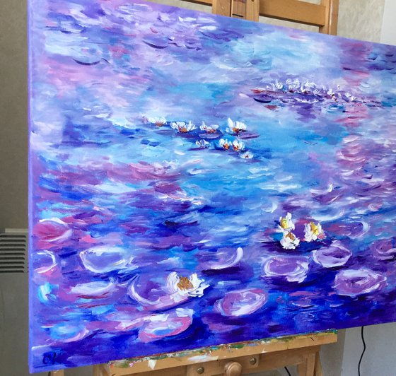 Water Lilies  (81x 66 cm ) inspired by Claude Monet  sunrise in a garden in purple, turquoise, blue sky