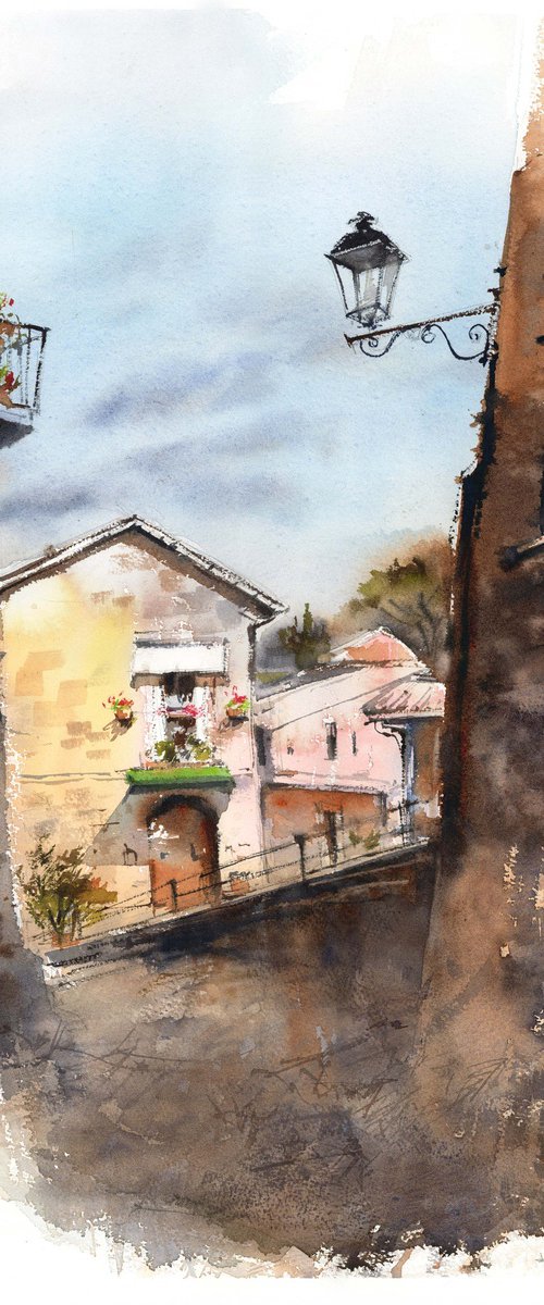 Old Architecture in Italy Scene Watercolor Painting by Sophie Rodionov