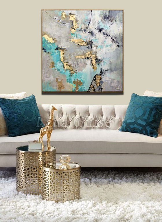 Abstract Painting - Morning Blue - 40" Large Original Gold Leaf White Grey Teal Colors