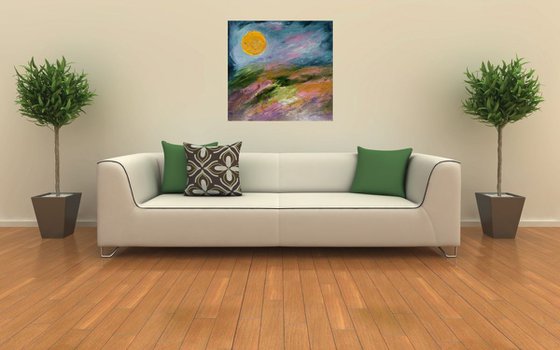 Blossoming fields. Sunset. Original artwork, 60x60 cm, FREE SHIPPING