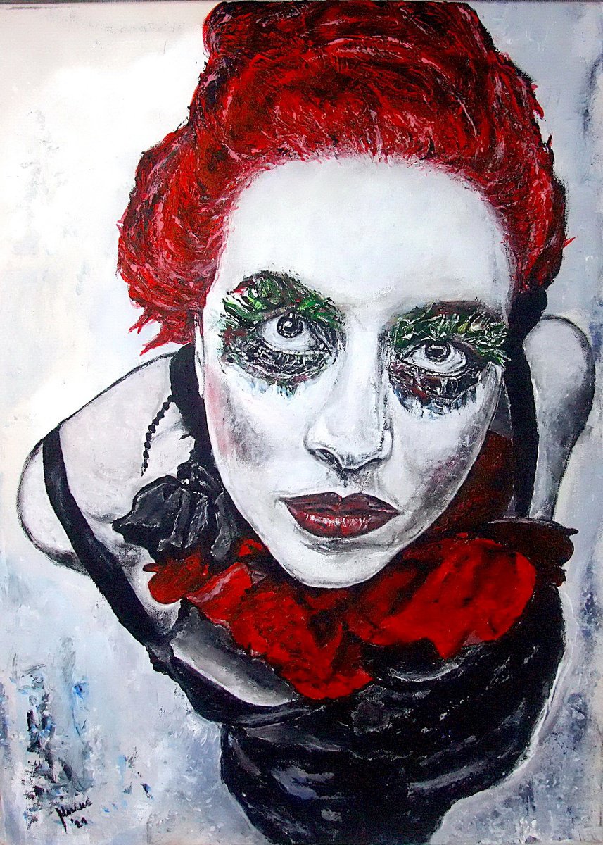 Expressive Portrait Acrylic Painting By Milis Pyrography, 20 X 28", Here I Am, Original Artwork