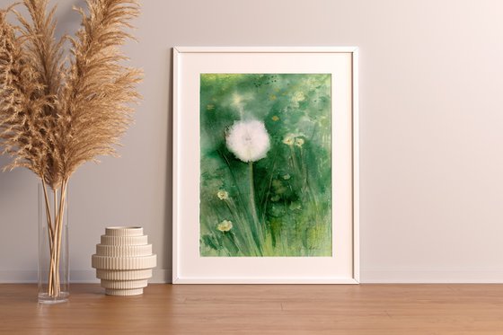 Watercolor dandelion field. 2