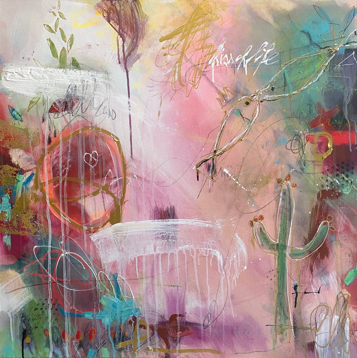 Organic Abstract Acrylic Painting By Bea Schubert, 31 X 31, Kiss Of Life No.2, Original Artwork