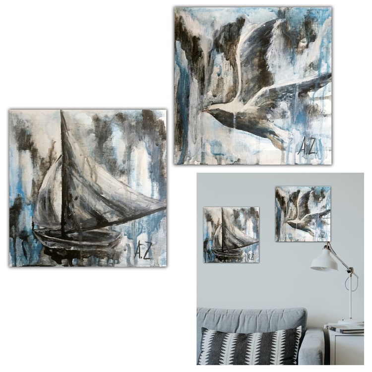 Interior Mini Painting Nautical Diptrich With A Seagull And A Boat