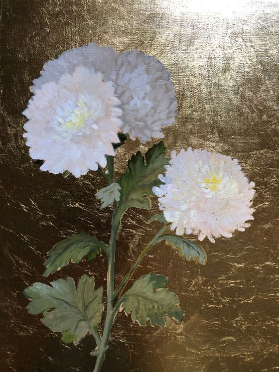 The Great White Chrysanthemum Oil Painting on Lacquered Golden Leaf Canvas