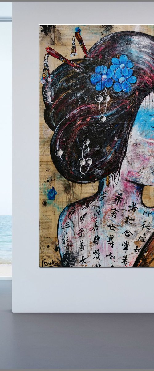 Sapphire 120cm x 150cm Geisha Book Page Urban Pop Art by Franko