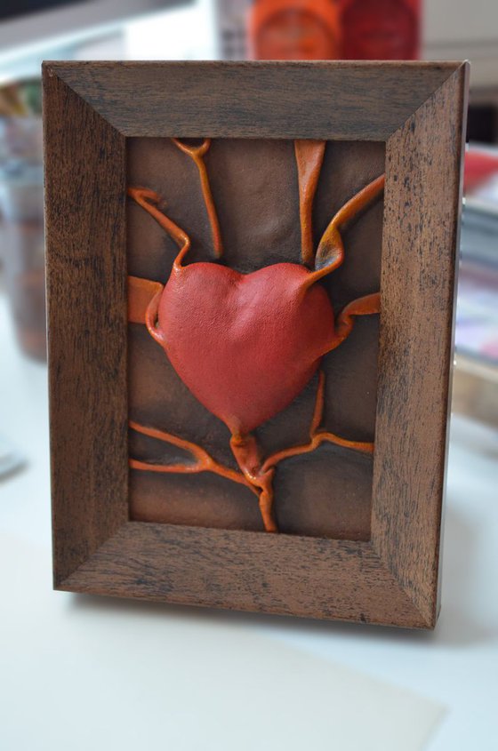 Lovers Heart - Original Framed Leather Sculpture Painting Perfect for Valentine Day Gift