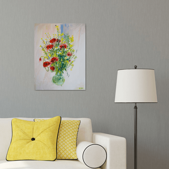 Poppies and camomiles. Summer bouquet in a studio. Bright colors medium size interior abstract flowers red yellow tender