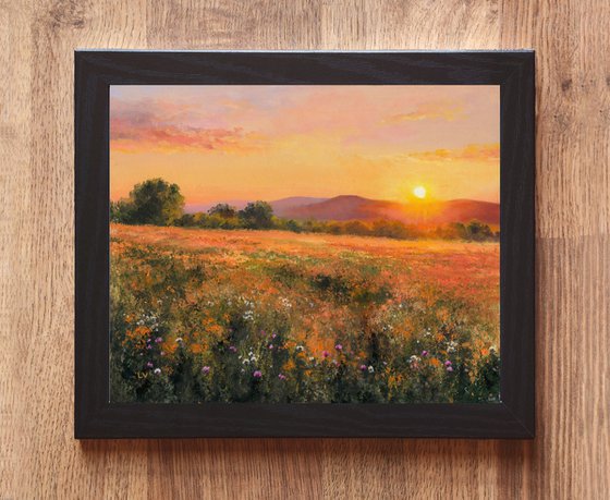 Golden sunset among wildflowers