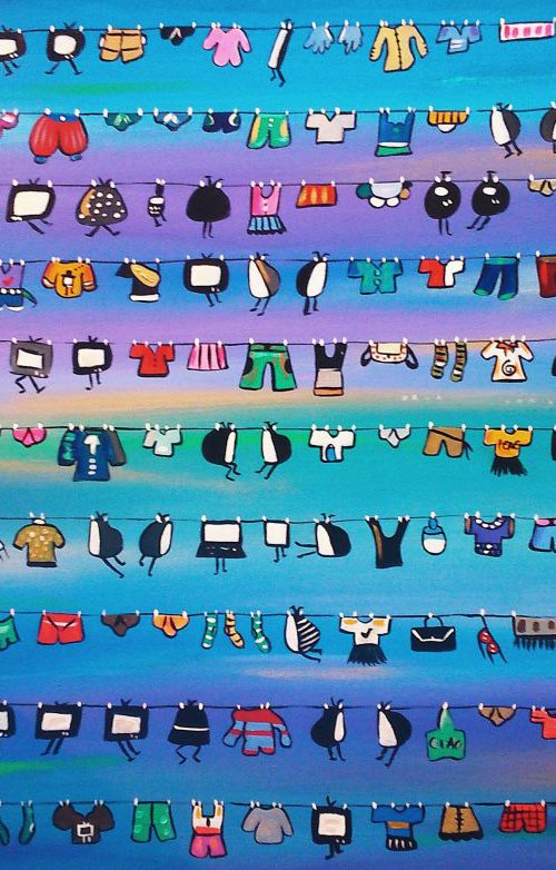 Purple and blue laundry Tvs 120x80 cm by Maria Luisa  Azzini
