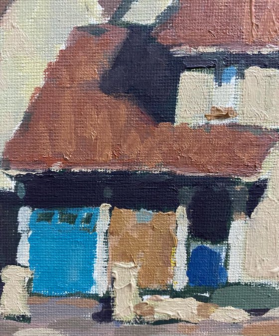 Original Oil Painting Wall Art Artwork Signed Hand Made Jixiang Dong Canvas 25cm × 30cm Nice Neighborhood small building Impressionism