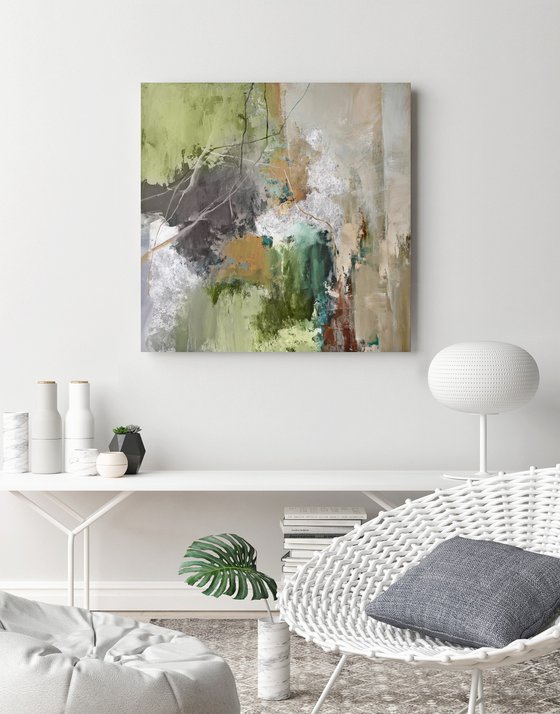 "Olive Hill 2" Green silver abstract art